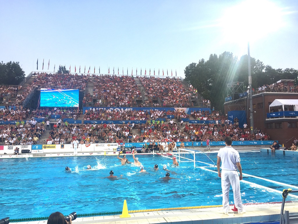 Darkside water polo team playing in the pool at the 2017 FINA World Championships in Budapest, with a packed stadium of spectators in the background.